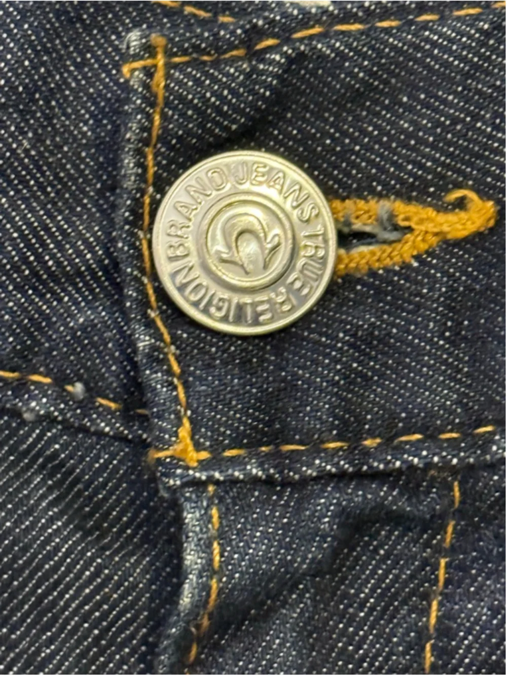 Men's True Religion Straight Leg Jeans Waist 33 Blue with Yellow Stitching